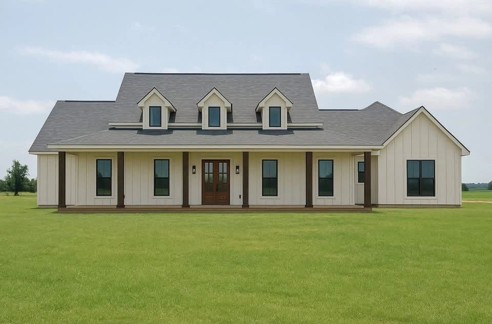 Completed new-construction farmhouse with a full front porch
